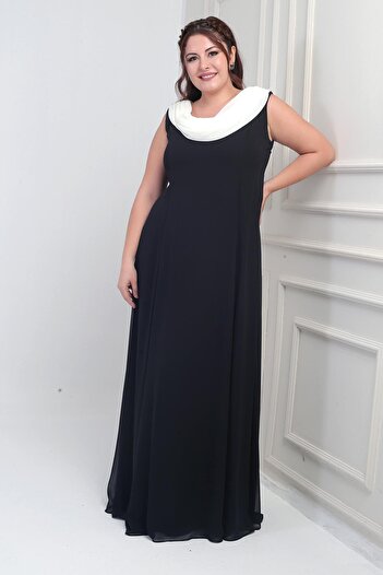By Saygı Women's Degaje Collar Back Stone Detail Flounced Lined Plus Size Long Chiffon Dress