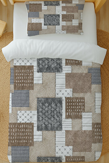 Else Dekor Brown Geometric Retro Patterned Cotton Satin Single Duvet Cover Set 160X220Cm