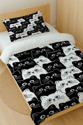 Else Dekor Black and White Cats Patterned Cotton Satin Single Duvet Cover Set 160X220Cm
