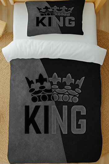 Else Dekor King Kral Gray Patterned Cotton Satin Single Duvet Cover Set 160X220Cm