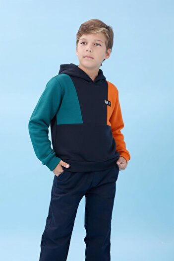 Perendi Kapüşonlu Parçalı 3 İp Erkek Çocuk Sweatshirt Lacivert