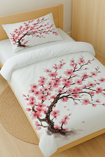 Else Dekor Sakura Pink Floral Tree Pattern Cotton Satin Single Duvet Cover Set 160X220Cm
