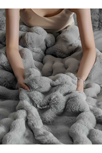 JOJO HOME Double bed linen, Extra Fluffy, made of artificial rabbit fur, 6 pieces, Grey