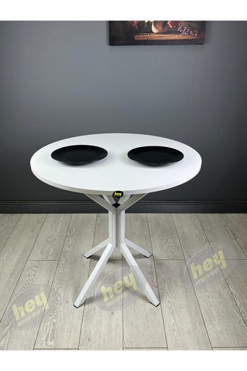 hey modüler mobilya Aras Beyaz 4 Kişilik Yuvarlak Mutfak Yemek Masası Takımı 4+1 Beyaz Kazayağı Kumaş 80 cm