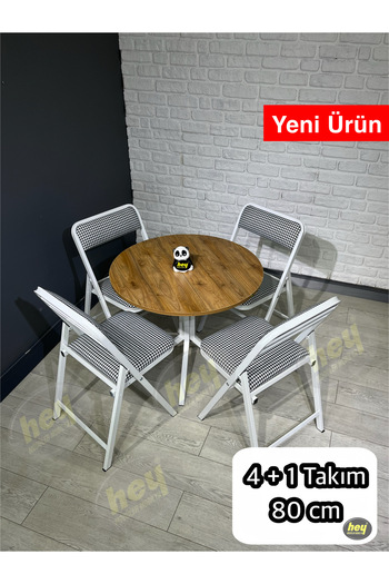 hey modüler mobilya Aras Ceviz 4 Kişilik Yuvarlak Mutfak Yemek Masası Takımı 4+1 Beyaz Kazayağı Kumaş 80 cm