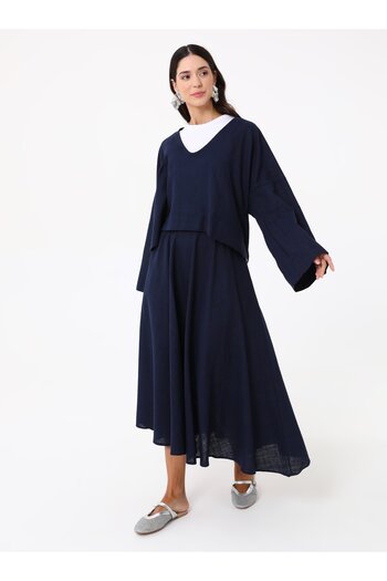MRS. POLEEN Wide Sleeve Skirt Blouse Set - Navy Blue - Mrs Poleen