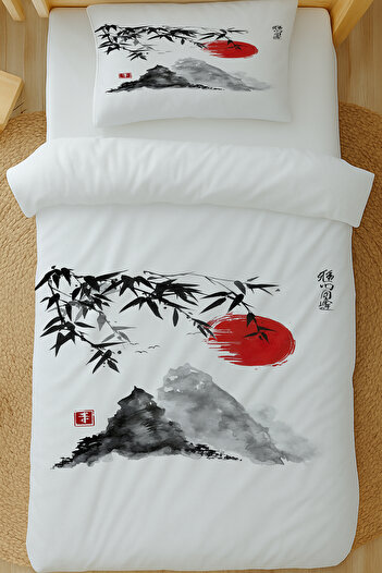 Else Dekor Japanese Mountains Landscape Pattern Cotton Satin Single Duvet Cover Set 160X220Cm