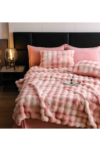 JOJO HOME Double Bed Linen, Extra Fluffy, Faux Rabbit Fur, 6 Pieces, Pink Multicolor