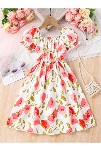 Take Two By Styli Girls Rose Print Puff Sleeve Dress