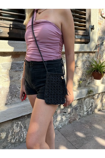 hati Straw Phone Holder Bag Paper Rope Bag Black