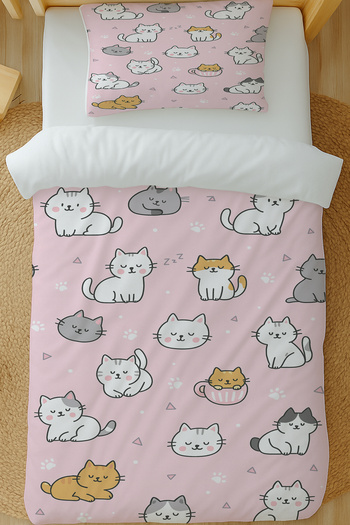 Else Dekor Pink Cute Cats Patterned Cotton Satin Single Duvet Cover Set 160X220Cm