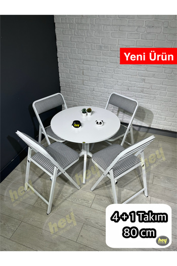 hey modüler mobilya Aras Beyaz 4 Kişilik Yuvarlak Mutfak Yemek Masası Takımı 4+1 Beyaz Kazayağı Kumaş 80 cm