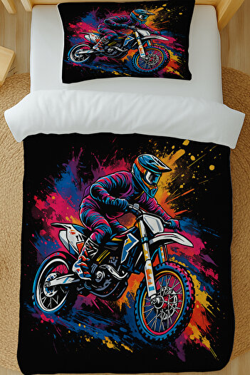 Else Dekor Colorful Biker Patterned Cotton Satin Single Duvet Cover Set 160X220Cm