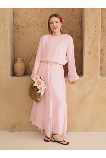 MRS. POLEEN Wide Sleeve Skirt Blouse Set - Pink - Mrs Poleen