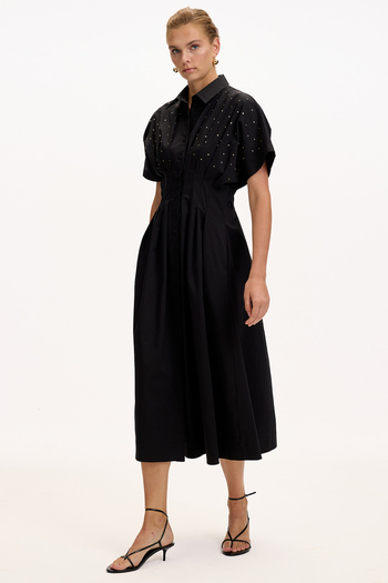 Exquise Patterned Waist Fitted Off Shoulder Stone Printed Regular Midi Dress