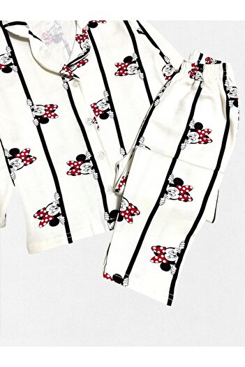 Pajama Shop Girl's Shirt Collar Cotton Fabric Ecru Striped Patterned Long Sleeve Winter Ribbed Pajama Set