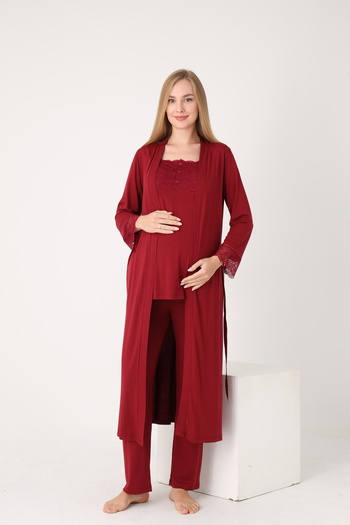 Miss Dünya Lissa Lace-Detailed Elegant Robe, Nightgown, and Pajama 4-Piece Nursing and Maternity Set
