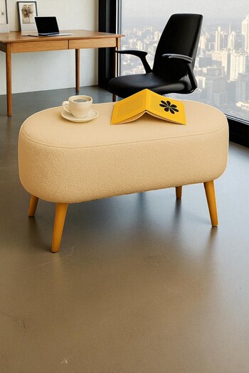 Zinnet Design Liva Büyük Oval Puf Bench – Ahşap Retro Ayaklı, Dekoratif Peluş Tabure