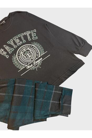 tusem butik homewear Boys' Cotton Smoked Color Fayette Text Underneath Plaid Pattern Long Sleeve Pajama Set