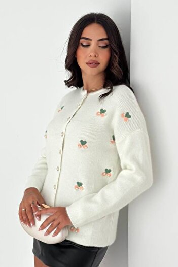 Ded COLLECTION Women's Cherry Embroidery Embroidered Pearl Button Round Neck Knitwear Cardigan