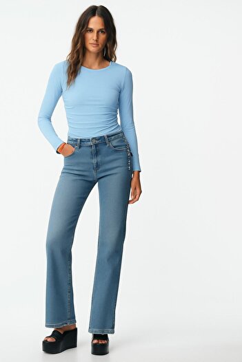 HAKKE Kayak Neckline Gathered Side Ribbed Bluz