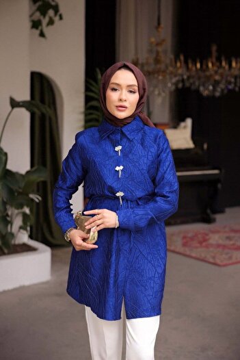 comstar Women's Jacquard Stylish Navy Blue Tonic Jacket with Elastic Waist
