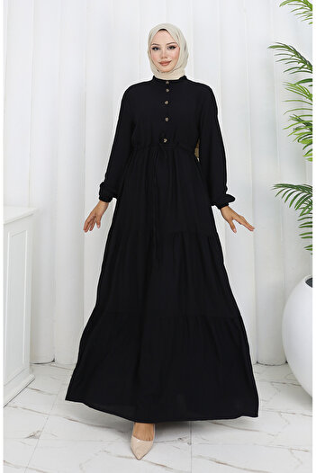 sefamerve Half Buttoned Waist Lace up Dress 2154-01 Black