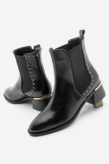 Marjin Women's Staple Detail Gold Heel Elastic Heeled Boots Ernaz Black