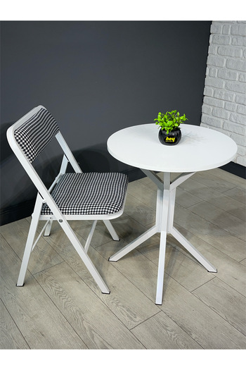 hey modüler mobilya Mercan 2 Kişilik Yuvarlak Mutfak Yemek Masası Takımı 2+1 Beyaz Kazayağı Kumaş 60 cm