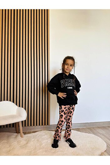 Magu Girl's Cotton Black Hooded Sweatshirt Leopard Patterned Pants Set