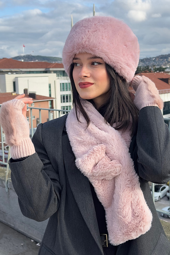 Mavelle Women's Pink Hat & Scarf & Gloves Set |   Faux Fur Kalpak Ushanka Set