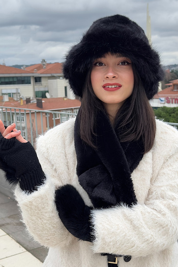 Mavelle Women's Black Winter Plush 3-Piece Set |   Faux Fur Bucket Hat |   Plush Scarf Gloves Set