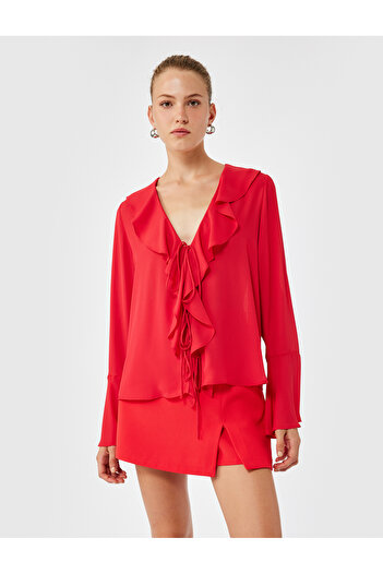 Koton Long Spanish Sleeve Front Tie Detail V Neck Ruffle Shirt