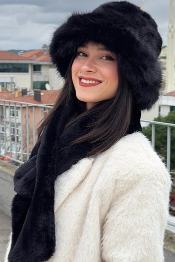 Mavelle Women's Black Bucket Hat |   Faux Fur Set of 2 |   Women's Plush Hat Scarf Set