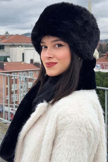 Mavelle Women's Black Ushanka Scarf Set |   Russian Trendy Faux Kalpak |   Plush Women's Set