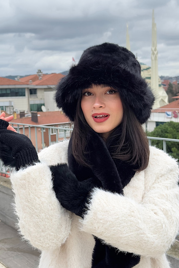 Mavelle Women's Black Winter Plush 3-Piece Set |   Faux Fur Bucket Hat |   Plush Scarf Gloves Set
