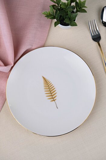 tabakevi Tabak Evi Porselen Natura Fern Altın Yaldız Pasta Tabağı 20,50cm Tekli