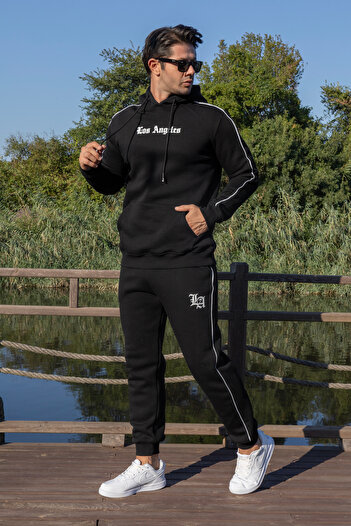 FRANCO RENZO Men's Black 3 Thread Ribbed Interlining Printed Cotton Tracksuit Set