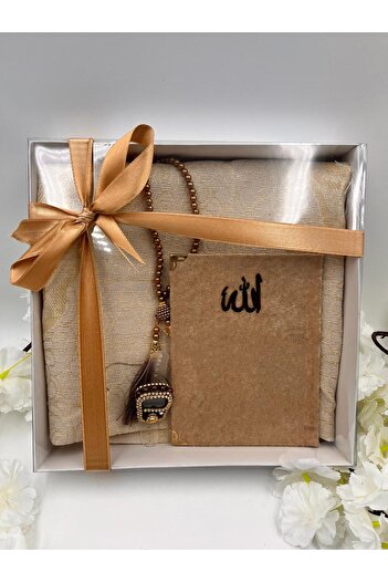 DUHA HAC Dowry Set, Gift, 4-Piece Bridal Bundle Set, Taffeta Prayer Rug, Yasin, Stone Zikirmatik, Pearl Prayer Beads