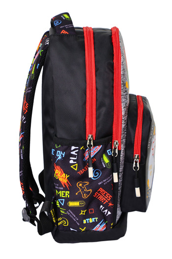 GALB LEATHER 3-Piece Primary School School Bag for Girls and Boys with Lunch Box and Pencil Case Black Red Gamer