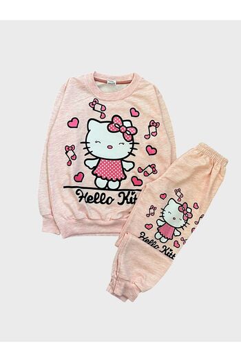 Pajama Shop Κοριτσίστικο βαμβακερό ύφασμα ροζ χρώματος με μοτίβο κορδέλας με καρδιά γάτας με μακρυμάνικο χειμερινό σετ αθλητικής φόρμας