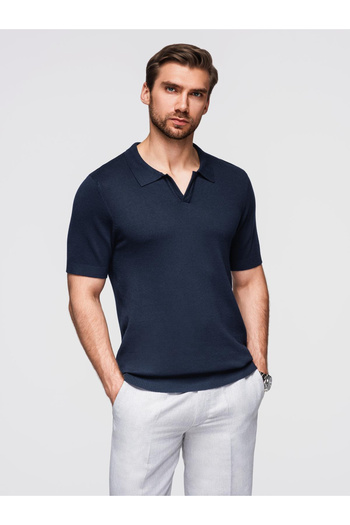 OMBRE Men's buttonless polo shirt with classic weave - navy blue V1 OM-POSS-0159