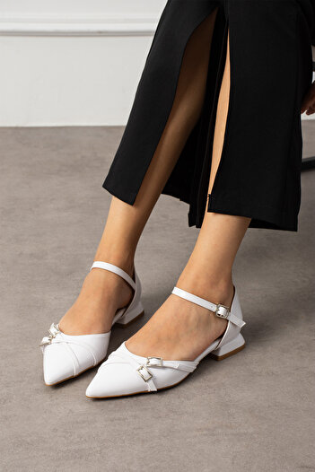 Güllü Shoes White Patent Leather Ankle Strap Double Silver Buckle Pointed Toe Low Heel Women's Ballet Shoes