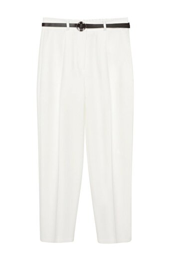 Quzu Women's Ecru Belted Carrot Pants Trousers 20K70651-Ecru