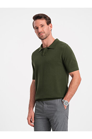 OMBRE Men's cotton structured knit polo shirt - olive V1 OM-POSS-0117 XXL