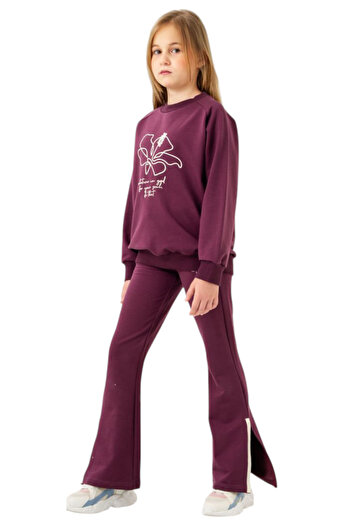 İrem Çocuk Giyim Girl's Floral Text Patterned Burgundy Color Tracksuit Set