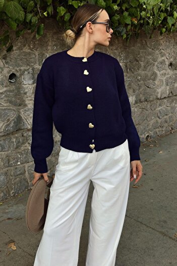 Swist Navy Blue Heart Gold Heart Buttoned Women's Knitwear Cardigan