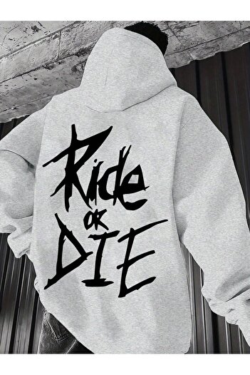 ModaQamar Ride or Die Motorcu Back Printed Oversize Kangaroo Pocket Gray Hooded Sweatshirt Hoodie