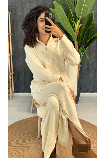 PUANT ATELIER Women's Ribbed Collar, Zippered Leg Slits, Side Zipper Knitwear Suit