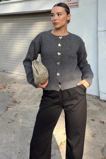 Swist Smoked Heart Gold Heart Buttoned Women's Knitwear Cardigan